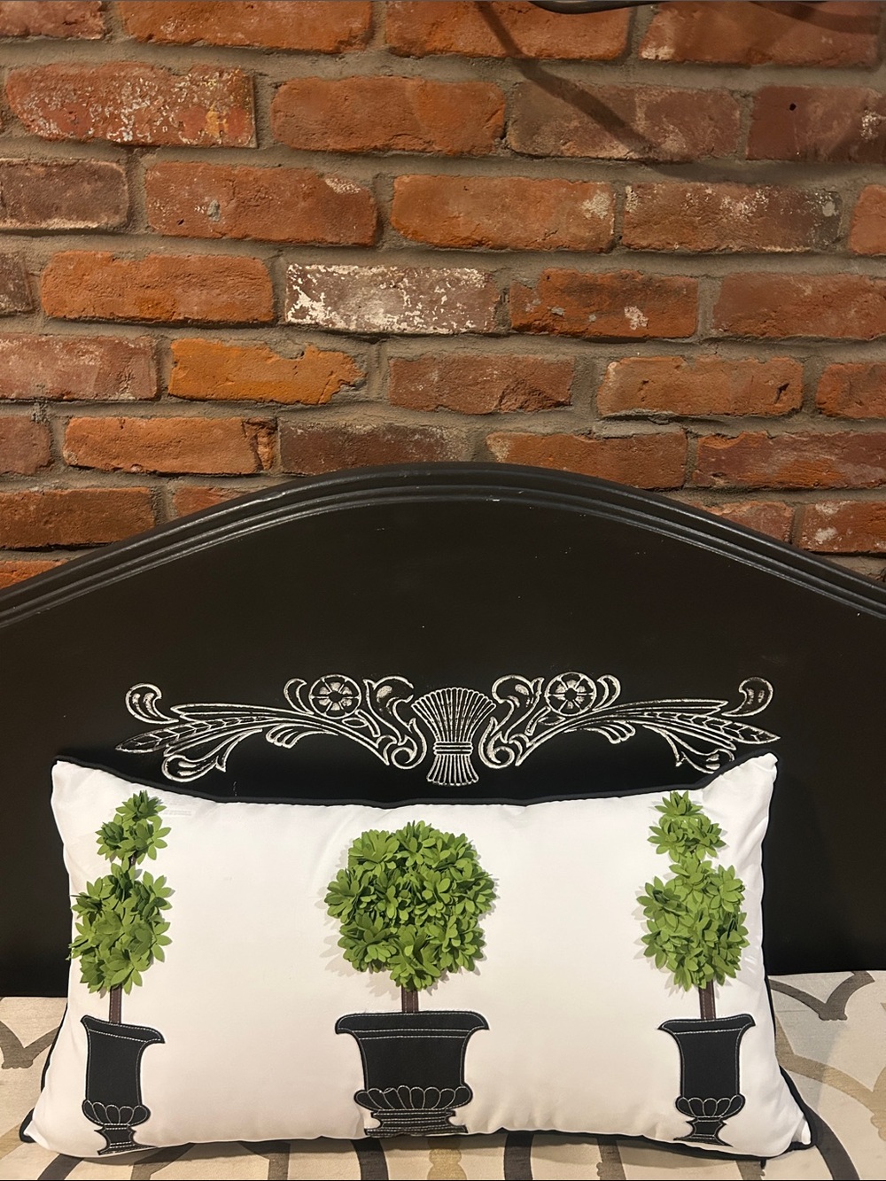 Decorative White Pillow with Green Topiary Embroidery